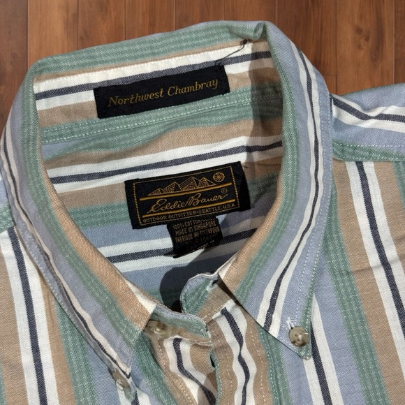 Vintage Eddie Bauer Shirt Men's Large Striped Cotton Northwest Chambray 90s - Picture 2 of 6
